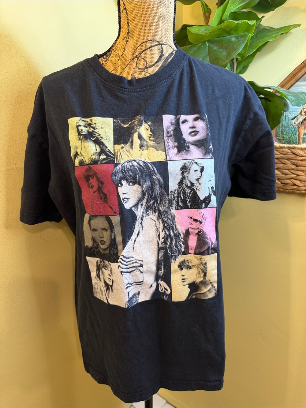 Taylor Swift Black Tee with Multi-Photo Grid and Pink & Red Accents